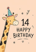 Load image into Gallery viewer, Cute Giraffe Party Hat 14th Birthday Card
