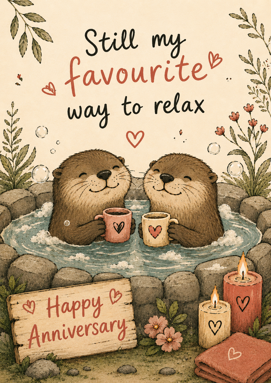 Otters in Hot Tub Relaxing Anniversary Card