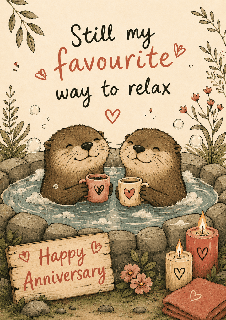 Otters in Hot Tub Relaxing Anniversary Card