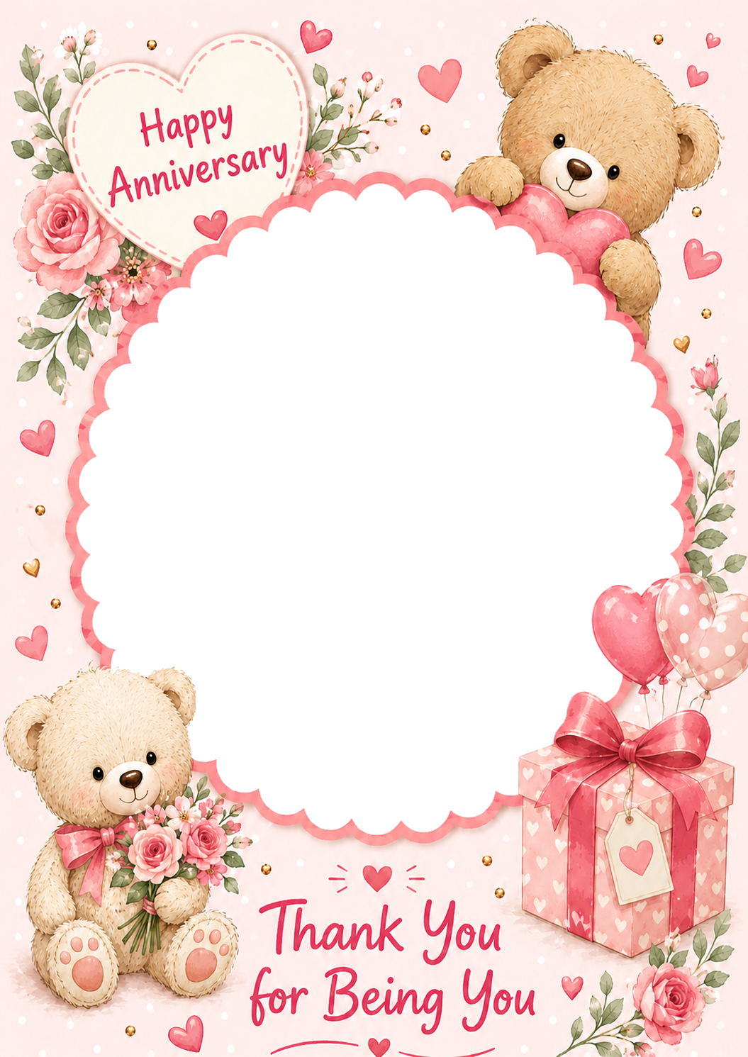 Cute Teddy Bear Pink Floral Photo Upload Anniversary Card for Her