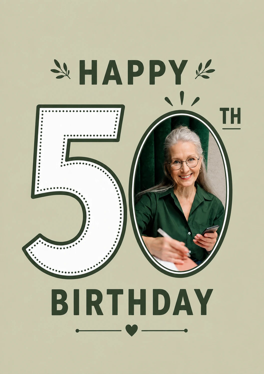 Green Botanical 50th Birthday Photo Upload Birthday Card for Her