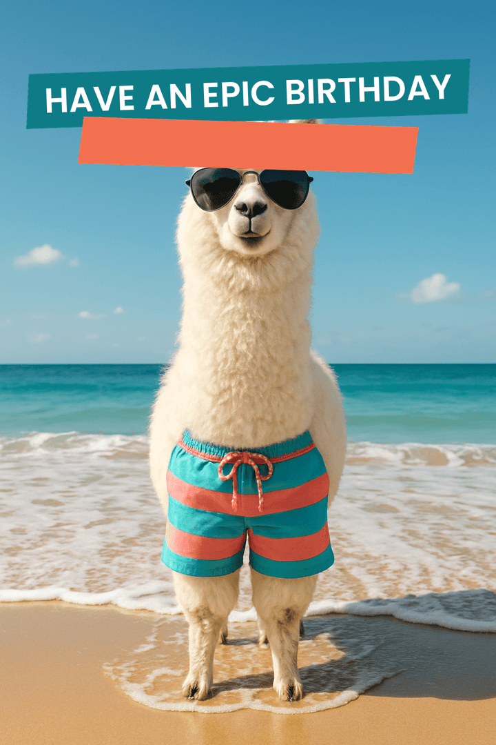 Epic Birthday llama in sunglasses and swim shorts