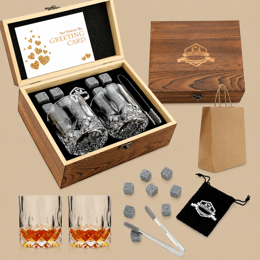 Whiskey Stones Gift Set with 2 Round Glasses & Wood Box