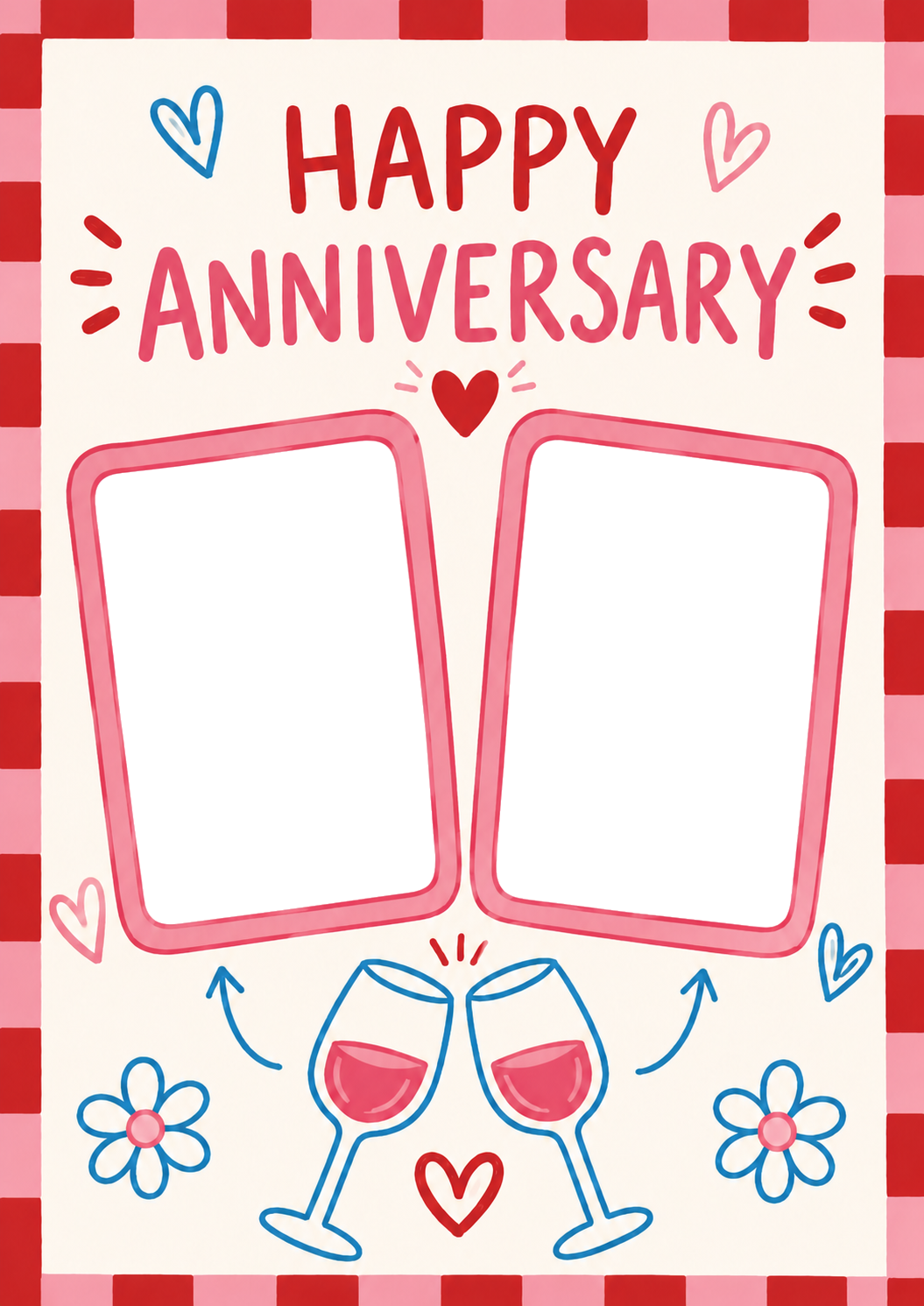 Cheerful Checkered Hearts Two Photo Upload Anniversary Card
