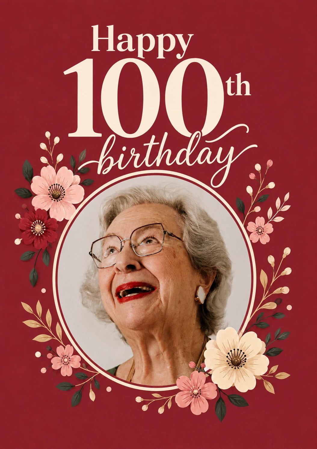 Red Floral 100th Birthday Photo Upload Birthday Card for Her