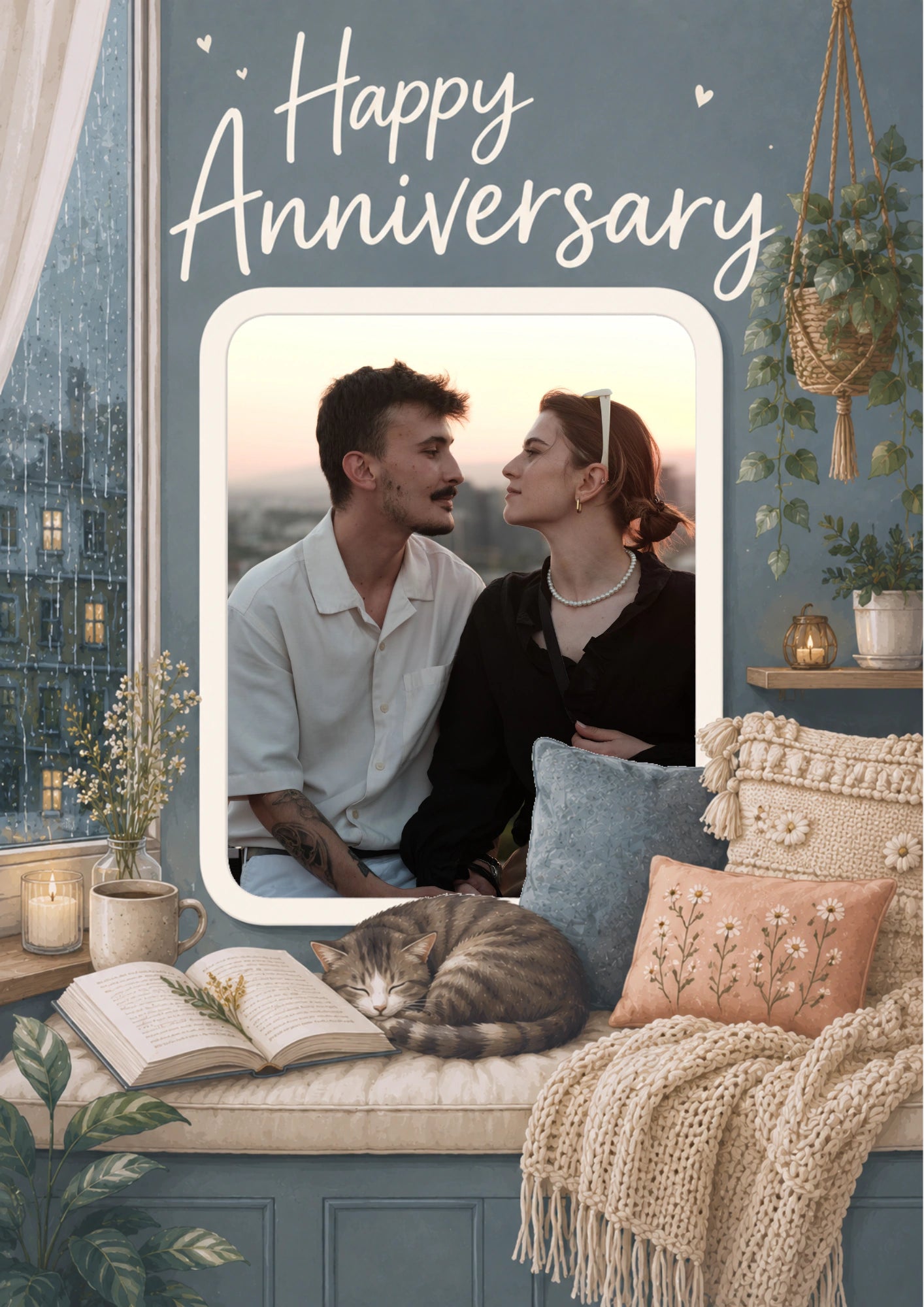 Cosy Rainy Day Reading Nook Photo Upload Anniversary Card