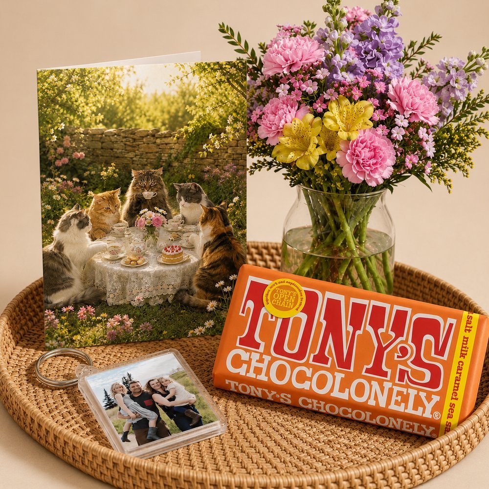 A greeting card with chocolate, a photo keyring and flowers