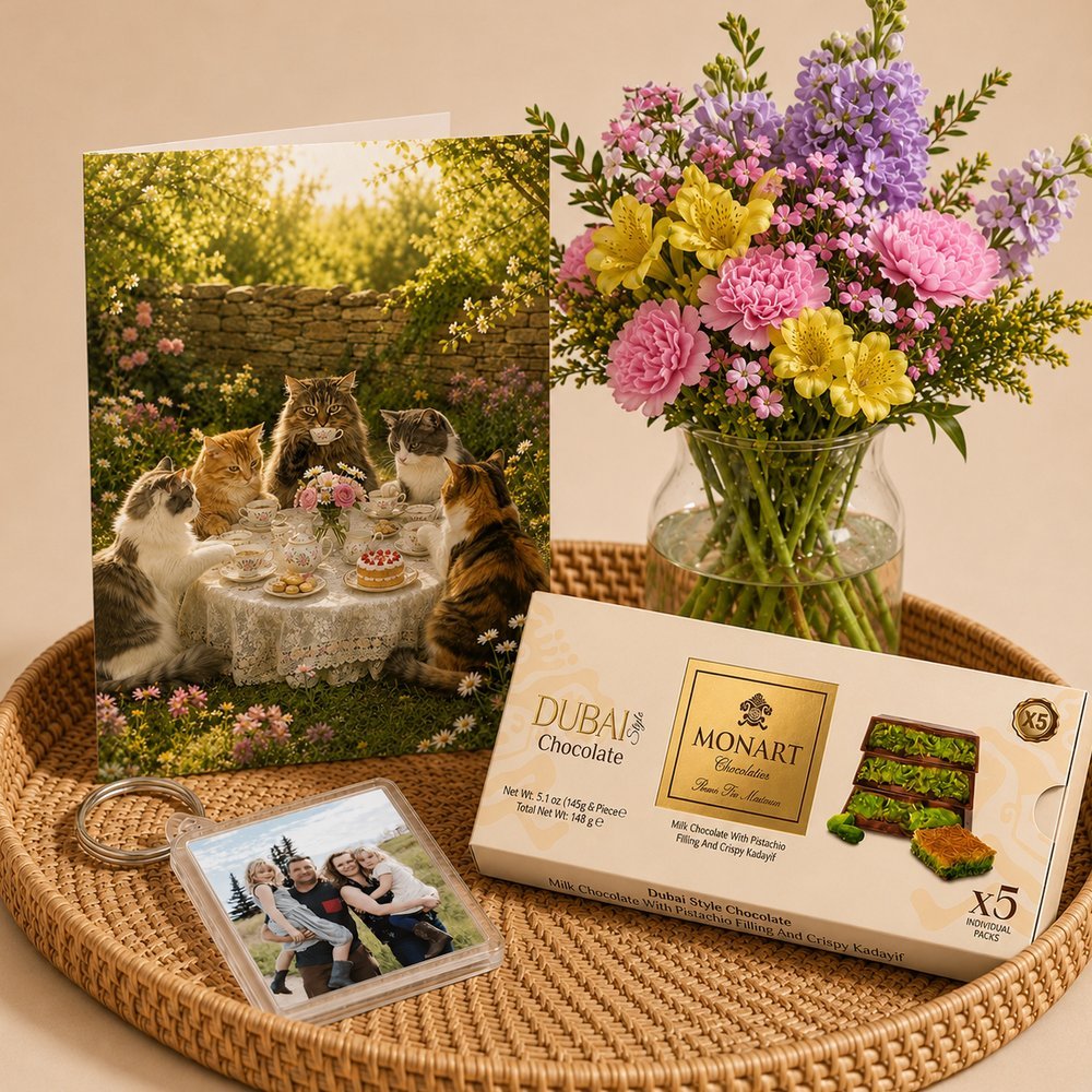 A greeting card with Dubai-style chocolate, a photo keyring and flowers