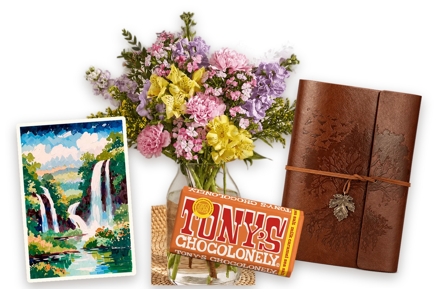 Card, flowers, chocolate and leather journal